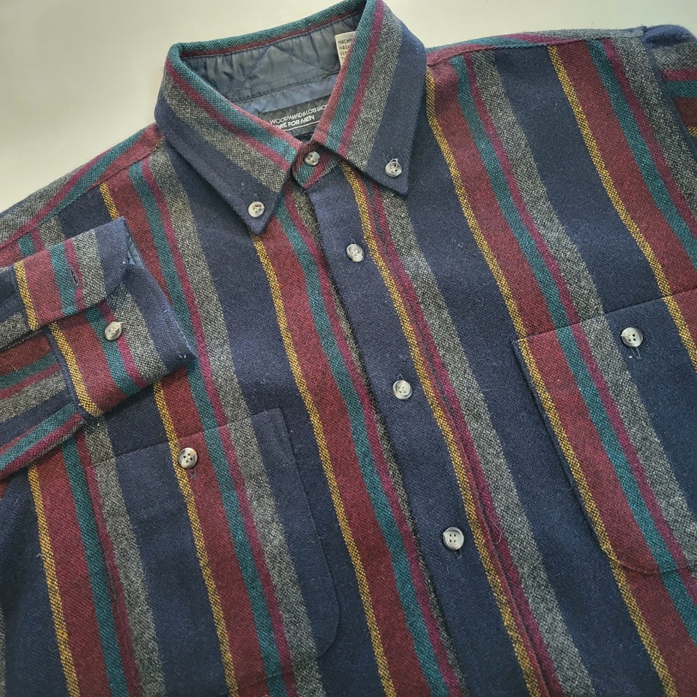 Woodward & Lothrop Vintage Wool Blend Striped Shirt Mens L Navy Burgundy Flannel